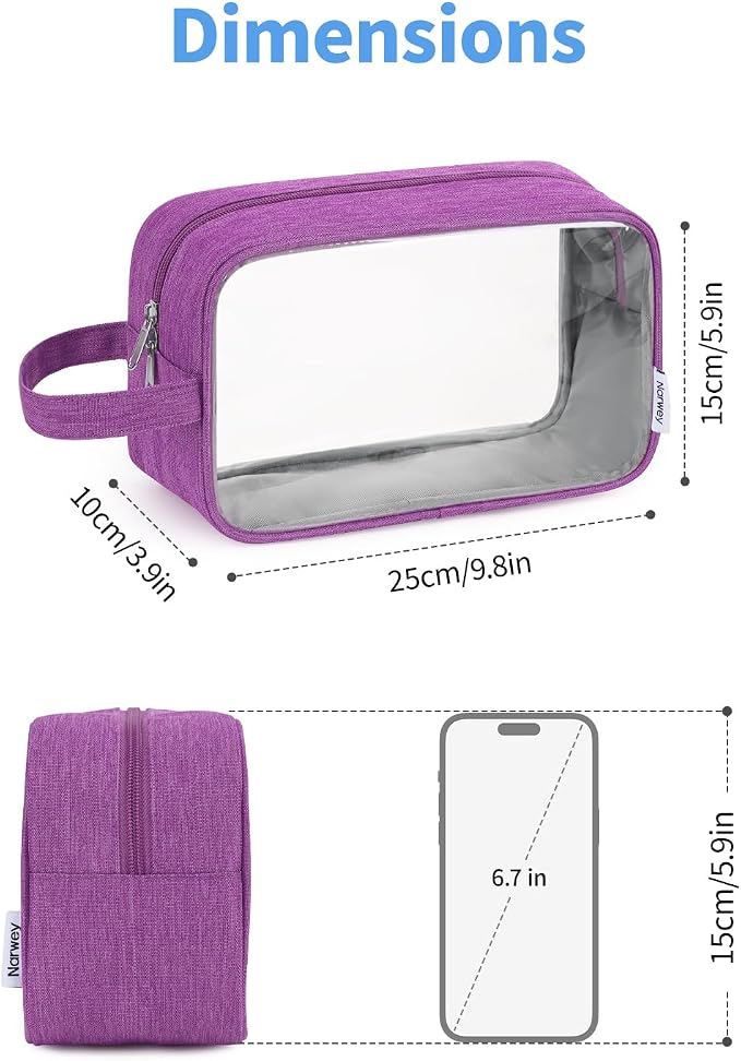 Narwey Clear Travel Toiletry Bags for Traveling Toiletries Men Women, Clear Makeup Bag Cosmetic Bag with Zipper, Make Up Pouch Organizer Bag with Handle, Skincare Beach Snack Medicine Bag, Purple - Image 5