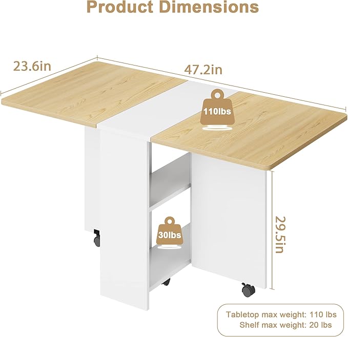 IDEALHOUSE FoldingTable, Drop Leaf Dining Table with 6 Wheels and 2-Layer Storage Shelf, Space Saving Table for Small Spaces (Natural Wood, 47.2" D x 23.6" W x 29.5" H) - Image 2