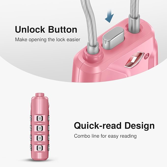 Puroma 2 Pack TSA Approved Luggage Locks 4 Digit Code Cable Lock Pink Rose | Resettable, Flexible Cable, Zipper holes, Zinc Alloy, Bright Color, Large White Numbers, Suitcase Train Travel, laptop bag - Image 4