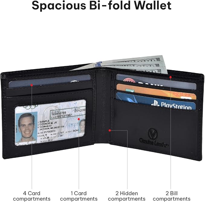 VALENCHI Genuine/Real Leather Bifold Wallet For Men - RFID Blocking/Protected Men's Slim Wallet - Christmas Gifts For Men (Black Italian V.T BF01) - Image 3