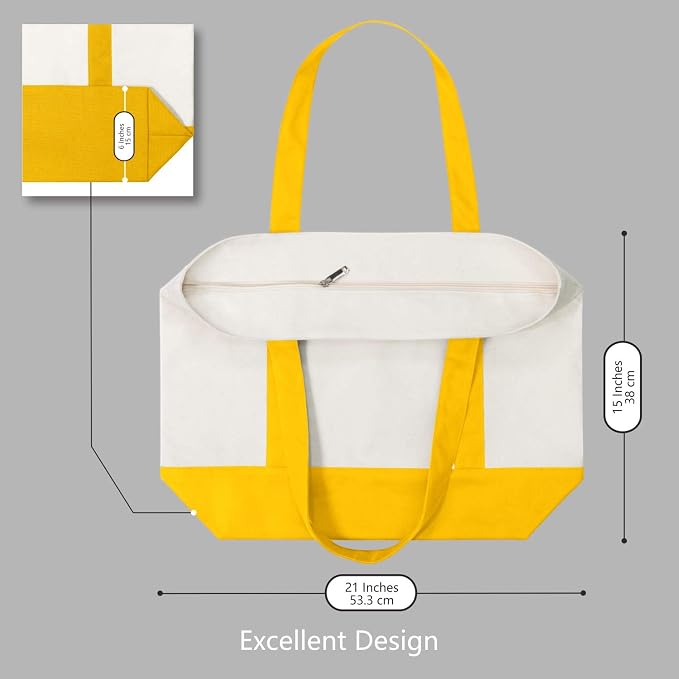 TOPDesign 3-Pack Canvas Tote Bags with an External Pocket, Reusable Grocery Shopping Bags, Top Zipper Closure, Daily Essentials (Yellow/Natural) - Image 5
