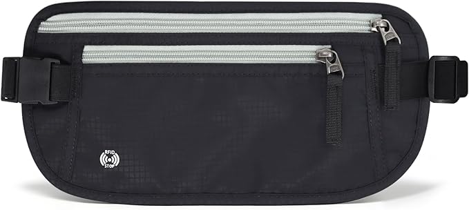 FuninCrea Waterproof Hidden Money Belt for Travel, Anti-Theft Belt Bag with RFID Blocking Function Adjustable Slim Waist Bag with 2 Zipper Pockets & 1 Back Pocket for Travel Running (B, Black & Grey) by FuninCrea