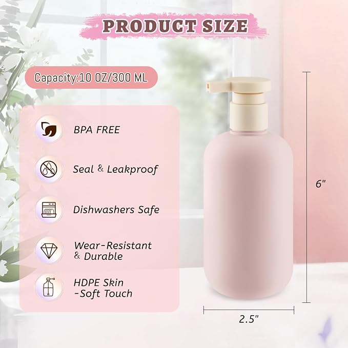 6 Pcs 10 oz Soft Plastic Bottles with Press Pump,Empty Refillable Travel Shampoo Dispenser Container for Hand Soap,Shampoo,Lotion,Body Wash,Conditioner,Silicone Funnel Included (Pink) - Image 4