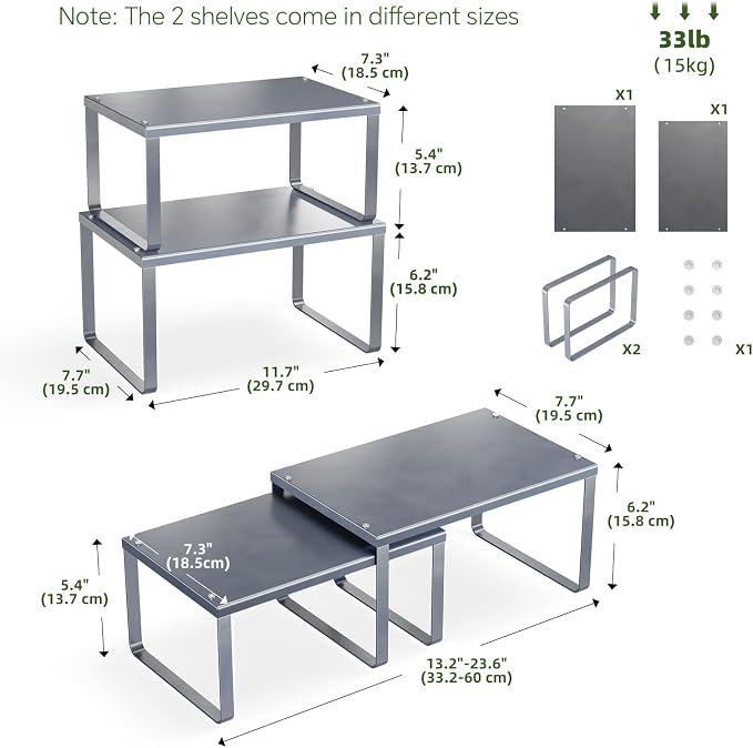 Simple Trending Cabinet Organizer Shelf, Set of 2 Kitchen Counter Shelves, Kitchen Storage, Stackable, Expandable, Metal Spice Rack for Cupboard, Bathroom, Desk, Pantry, Silver - Image 3