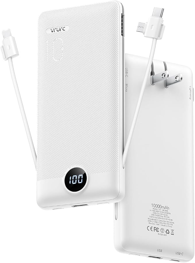 VRURC 3-in-1 Portable Charger, Built-in Cord & Foldable Wall AC Plug-White | 10000mAh Portable Power Bank, Travel Battery Pack for Smartphones, USB-C Emergency External Charger for Trip- (1 PACK) - Image 8