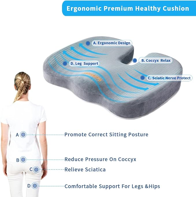 SAIREIDER Seat Cushions for Office Chairs, Memory Foam Coccyx Cushion Pads for Tailbone Pain, Sciatica Relief Pillow, Car Seat Cushion, Correct Sitting Posture (Grey) - Image 2