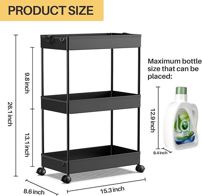 SPACEKEEPER 3 Tier Rolling Cart, Bathroom Cart Organizer with Wheels, Black | Mobile Storage Cart for Laundry Room Organization,Kitchen,Office,Bathroom, Utility Cart for Snack,Craft,Art,Makeup,Nail,Toys - Image 4