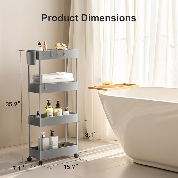 Pipishell 4 Tier Slim Storage Cart with Wheels, Laundry Cart, Gray | 7.1 Inches Wide – Fits Narrow Spaces, Storage Cup and 6 Hooks, Ventilation Holes, Durable ABS Material, Detachable Wheels - Image 2