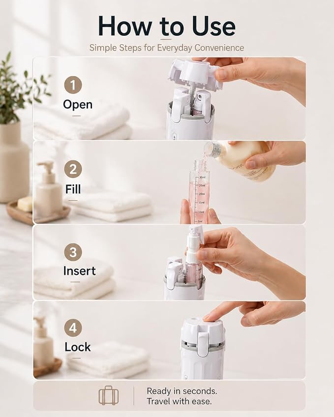4 in 1 Travel Dispenser Bottle, TSA Approved Leak Proof Refillable Toiletry Containers for Shampoo, Conditioner, Lotion & Skincare – Easy Clean Travel Bottles for Gym, Business - Image 7