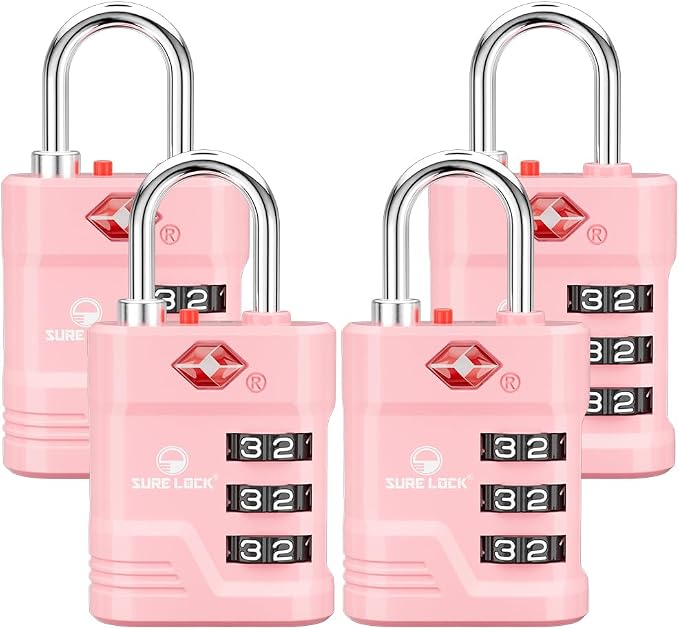 SURE LOCK TSA Approved Luggage Lock – 3-Digit Resettable Combination Padlock with Open Alert Red Dot, Large Easy-Read Dials for Suitcases, Backpacks, Gym & School Lockers(Pink 4 pk) by Hopeyoucanstaysafe