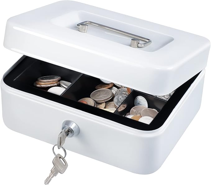 KYODOLED Medium Cash Box with Money Tray,Small Safe Lock Box with Key,Cash Drawer,7.87"x 6.30"x 3.54" White Medium by KYODOLED