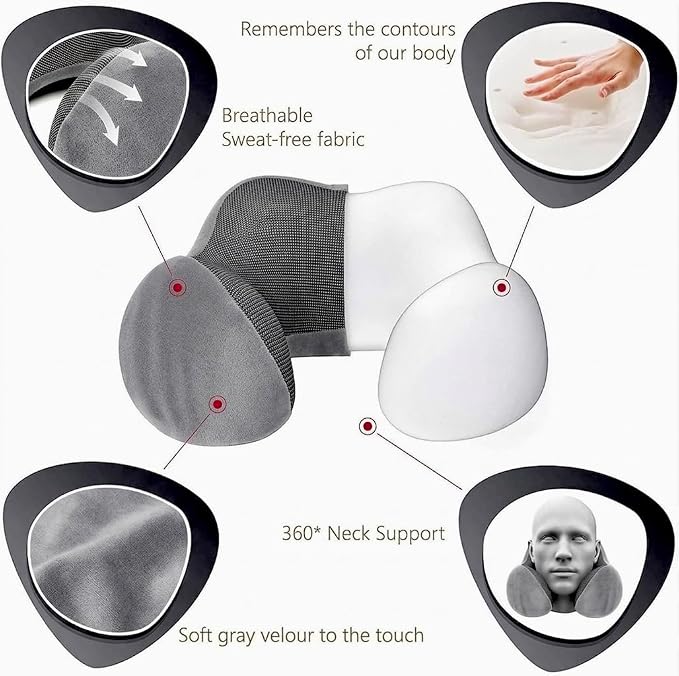 Airplane Travel Neck Pillow, 100% Memory Foam Ergonomic Neck Support, Airplanes Neck Pillow with Washable Cover Travel Essential for Flight, Office includes Eye Masks, Earplugs & Carry Bag (Dark Gray) - Image 2
