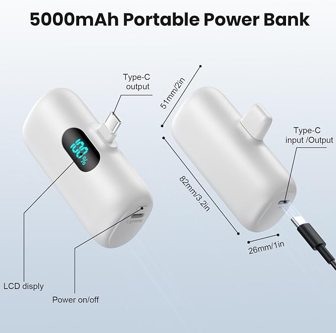Mini Portable Charger USB C Power Bank,5000mAh PD Fast Charging Battery Pack Built-in USB-C Connector Travel Essential for iPhone17/Pro/17Pro Max/16e/Air/16 Plus/16Pro Max/15 All Series,Android White - Image 6