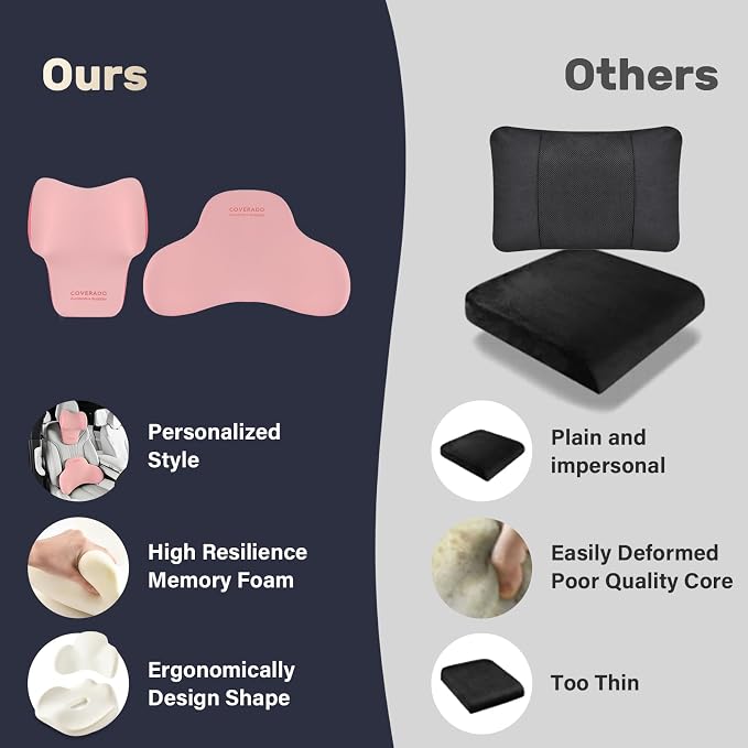 Coverado Lumbar Support and Headrest Pillow for Car, Memory Foam Ergonomic Head Neck Support Pillow for Driving Seat, Back Support and Pain Relief, Seat Cushion for Car, Driver, Office - Image 8