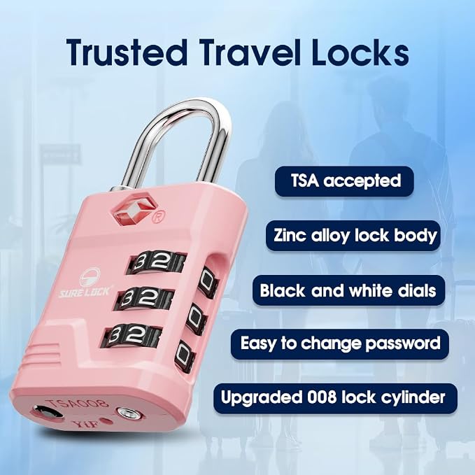 SURE LOCK TSA Approved Luggage Lock – 3-Digit Resettable Combination Padlock with Open Alert Red Dot, Large Easy-Read Dials for Suitcases, Backpacks, Gym & School Lockers(Pink 1 pk) - Image 4