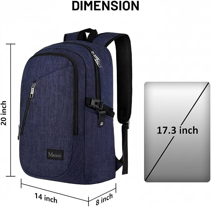 Mancro 17.3 Inch Business Laptop Backpack for Travel Anti-Theft Backpack | Water Resistant Work Daypack with Lock, Travel Computer Bag with Laptop Compartment for Men Women - Image 4