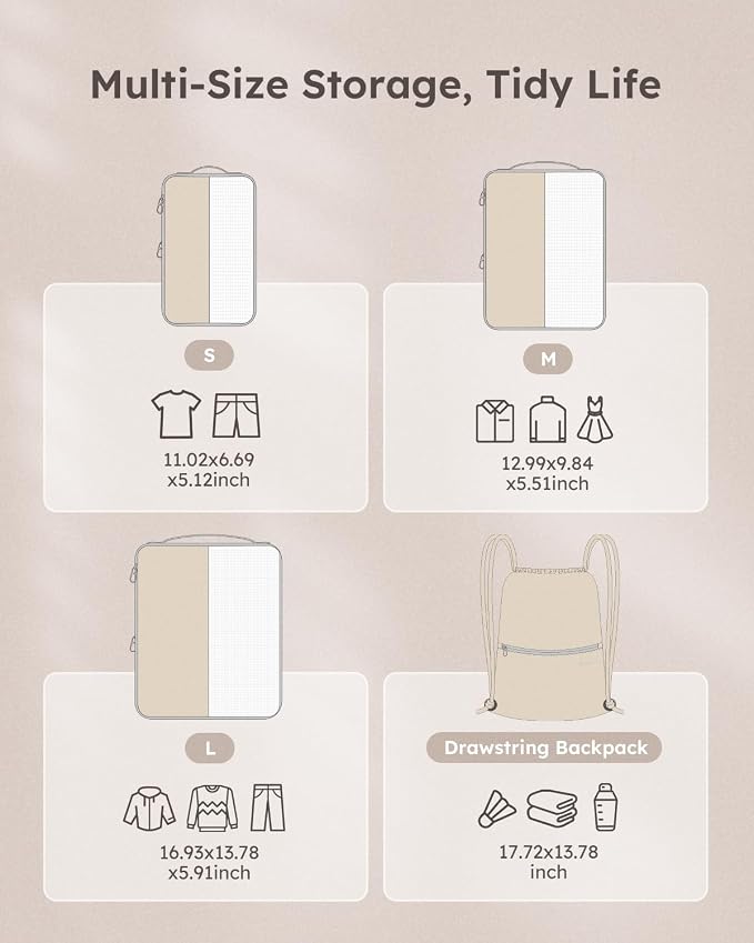 4 Set Compression Packing Cubes for Travel, Bonus Versatile Drawstring Backpack, Lightweight Luggage Organizer Bags, Sturdy Travel Accessories for Suitcase, Beige - Image 5