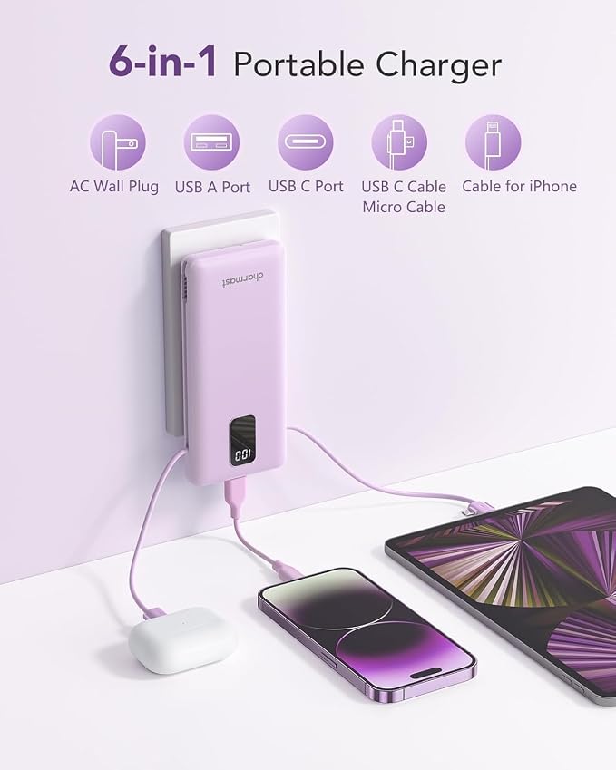 charmast Portable Charger with Built-in Cables and AC Wall Plug | 10000mAh Power Bank with 4 Outputs,USB-C & USB-A Battery Pack,Slim Travel Phone Charger for iPhone,iPad,Samsung,Android - Image 2