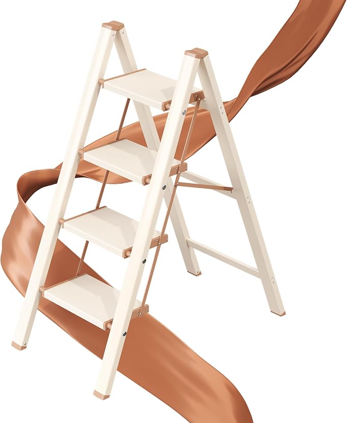 4 Step Ladder, Foldable Aluminum Step Stool with Anti-Slip Pedal | Lightweight yet Sturdy, Portable, Non Slip Feet, 300Lbs Capacity, Elegant Look, for Kitchen, Closet, Pantry, Cream Chocolate by GameGem
