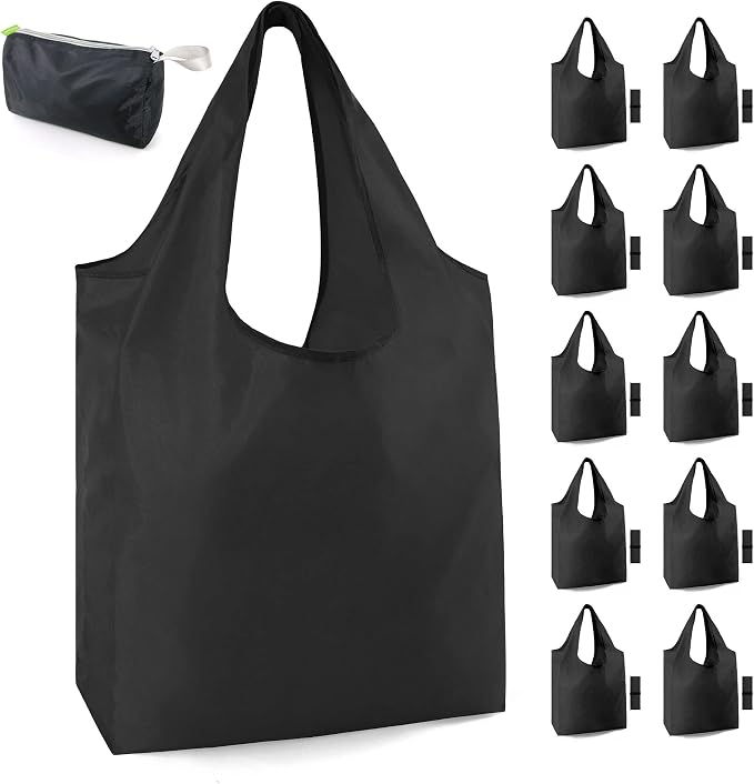 BeeGreen 10 Pack Black Reusable Grocery Bags with Storage Pouch Reusable Shopping Bags Bulk with Elastic Band 50LBS X-Large-Foldable-Washable-Heavy Duty-Waterproof Grocery Tote Bags by BeeGreen