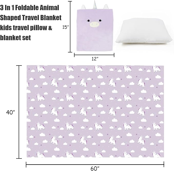 3-in-1 Kids Travel Pillow and Blanket Set | Snuggle Pillow with Hand Warmer, 40x60 inches Unicorn Blanket for Girls Compact, Perfect for Travel, Camping, Home and Office - Image 3