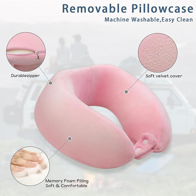 Travel Neck Pillow Airplane U-Shaped Memory Foam Pillows, Pink | Neck Support, Portable Soft Removable, Suitable For Adults Traveling Sleeping Train Car Office Rest - Image 2