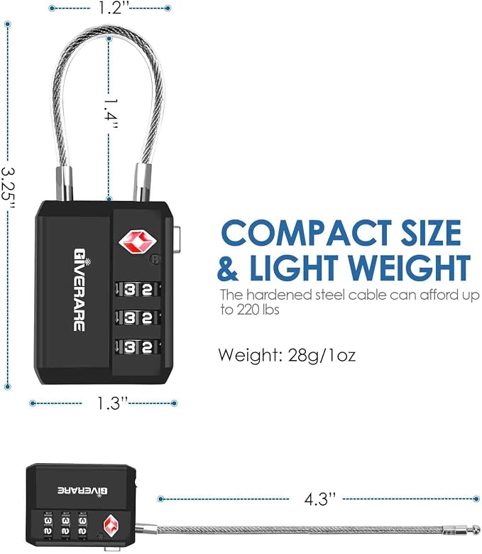 2 Pack TSA Approved Travel Luggage Locks, Cable Combination Lock 3-Digit, Keyless Suitcase Padlocks, Weatherproof Padlock for Locker, Golf Bag, Gun Case, Backpack, Anti Theft, Easy Read Dials-Black - Image 2