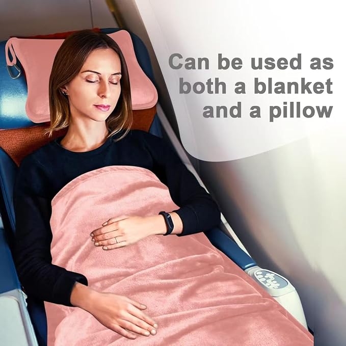 Travel Blanket and Pillow Compact, Premium Soft 2 in 1 Airplane Blanket with Soft Bag Pillowcase，Hand Luggage Sleeve and Backpack Clip (Solid Pink) - Image 6