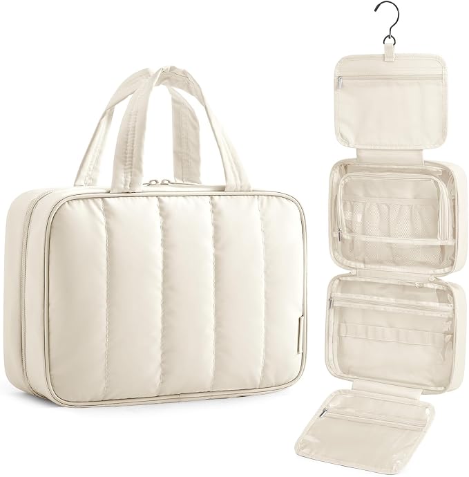 BAGSMART Travel Toiletry Bag for women, Portable Hanging Hook Makeup Bag Organizer, Waterproof Makeup Cosmetic Bag, for Full-Size Accessories, Toiletries, Beige by BAGSMART