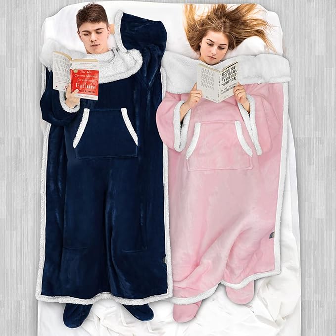 PAVILIA Sherpa Blanket with Sleeves, Foot Pocket for Women Men Adults, Thick Wearable Blanket Throw Wrap, Fleece Warm Snuggle Blanket Robe, Cozy Gift Ideas Wife Mom, Navy Blue - Image 5