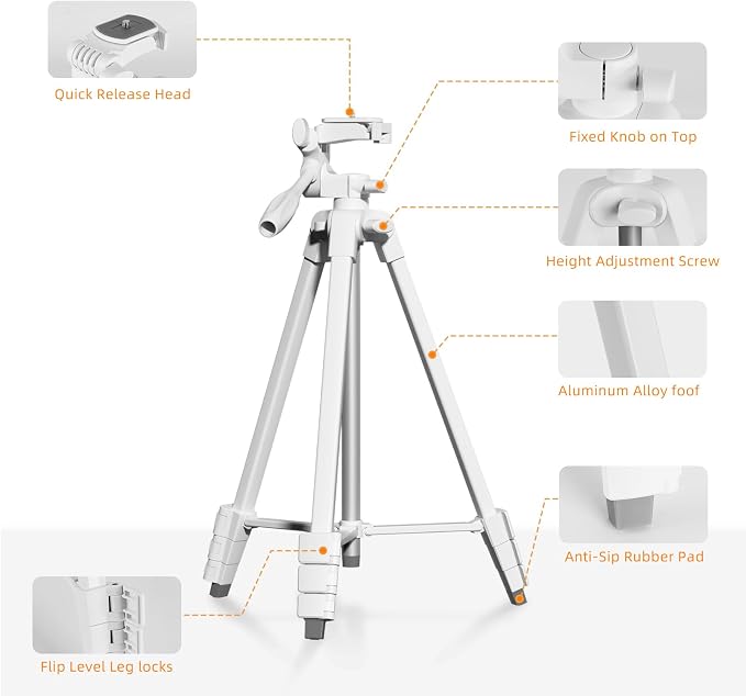 55" Extendable Phone Tripod with Wireless Remote and Carry Bag | Protable Tripod,Compatible with iPhone/Dslr Camera&insta 360 X5 for Video Recording/Selfies/Live Stream/Vlogging,White - Image 2