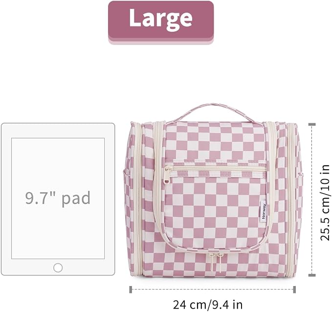 Narwey Checkered Hanging Travel Toiletry Bag for Women, Travel Bag for Toiletries, Makeup Bag Organizer Cosmetic Bags Make Up Bags for Women (Dusty Rose Checkerboard) - Image 7