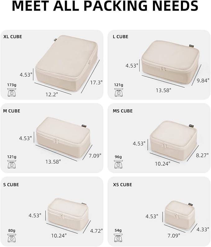 Compression Packing Cubes for Travel, 6-Piece Set (Large/Medium/Small), Double-Zip Luggage Organizers for Suitcase & Carry-On, Clothes Storage Bags (Cream White, 6 Pack) - Image 4
