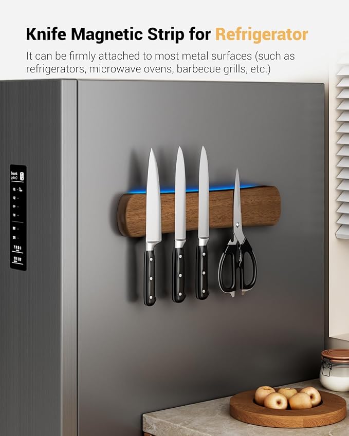 Magnetic Knife Holder, 12 Inch Acacia Wood Knife Strip for Wall or Fridge | Fridge Magnetic or Screw-Mounted, Strong Magnet Secures Knives, Space-Saving, Kitchen Knife Storage, Housewarming Gift - Image 5