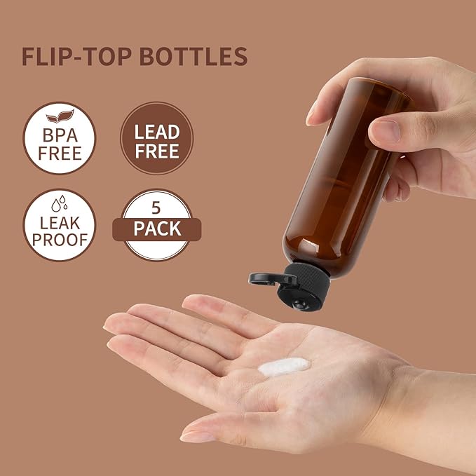 LISAPACK 3.4 oz Travel Bottles for Toiletries, Plastic Shampoo Containers | 5pcs small size dispenser, squeeze tubes, leak proof, small empty for liquid, lotion, conditioner, soap, 100 ml, TSA, brown - Image 2