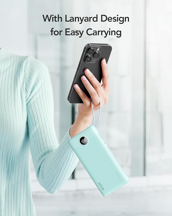VRURC Power Bank with Built-in Cables,USB C Portable Charger for iPhone | 10000mAh Slim Charging Bank with Lanyard, Perfect for Travel, Work, School and Daily Carry-Green - Image 7