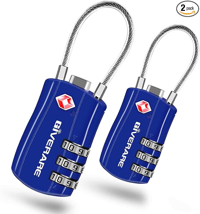 GIVERARE 2 Pack TSA Approved Luggage Locks, Combination Travel Cable Lock, Re-settable 3-Digit Padlocks with Alloy Body, Keyless TSA Padlock for Gym Locker, Golf Bag Case-Blue by GIVERARE