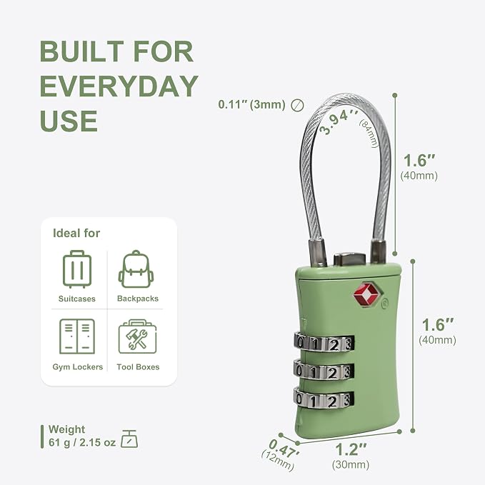 Luggage Locks TSA Approved, Airplane Travel Essentials, TSA Locks for Luggage, Suitcase, Anti Theft Small Padlock Combination, Mini Cable Padlock for Backpack, Bag Zipper, Case, Tool Box - Image 5
