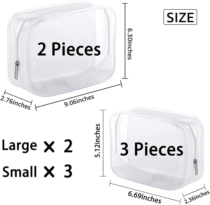 5 Pack Clear Plastic Zippered Toiletry Carry Pouch White Small/Large | TSA Approved, Portable Cosmetic Makeup Bag, For Vacation, Bathroom and Organizing - Image 2