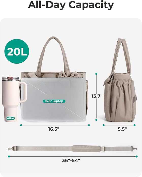 BAGSMART Crush Bow Tote Bag for Women, Puffer Travel Work Yoga Laptop Bag | Large Bow Tote Fits 40oz Tumbler, 15.6" Laptop, Yoga Mat Sleeve, Waterproof Pocket, Travel Work Swim Gym Mom Shoulder Handbag - Image 3