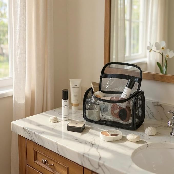 Transparent Nylon Mesh Cosmetic Bag Pouch, Travel Bag for Toiletries – Soft, Durable & Portable Makeup Organizer, Business & Everyday Use, Makeup Bag, for Women and Men, Large Capacity - Image 4