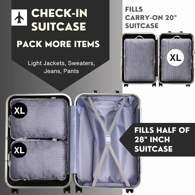 Extra Large Compression Packing Cubes for Checked Luggage, Lightweight Suitcase Organizers & Space Saver Bags - Travel Cubes for Packing - Travel Essentials - 2 Piece Set, X-Large - Grey Stripe - Image 4