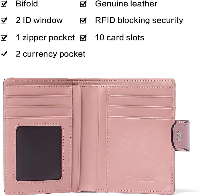 BOSTANTEN Leather Womens Wallet Small RFID Blocking Credit Card Holder | Removable ID Window, Zipper Coin Pocket, Bifold, Minimalist, Fits Small Purses, Daily Use, Ladies Gifts, Pink - Image 3