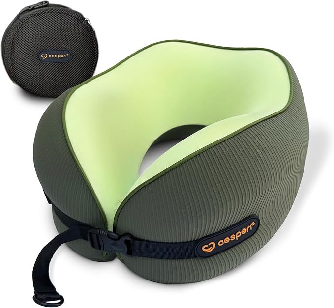 Cesperi® Ergonomic Travel Neck Pillow for Airplanes & Cars, Medium | CertiPUR-US® Certified Memory Foam, Washable Cover, Travel Bag, Standard Neck Fit, Neck Pillow for Flights (Avocado Green) by Cesperi%C2%AE