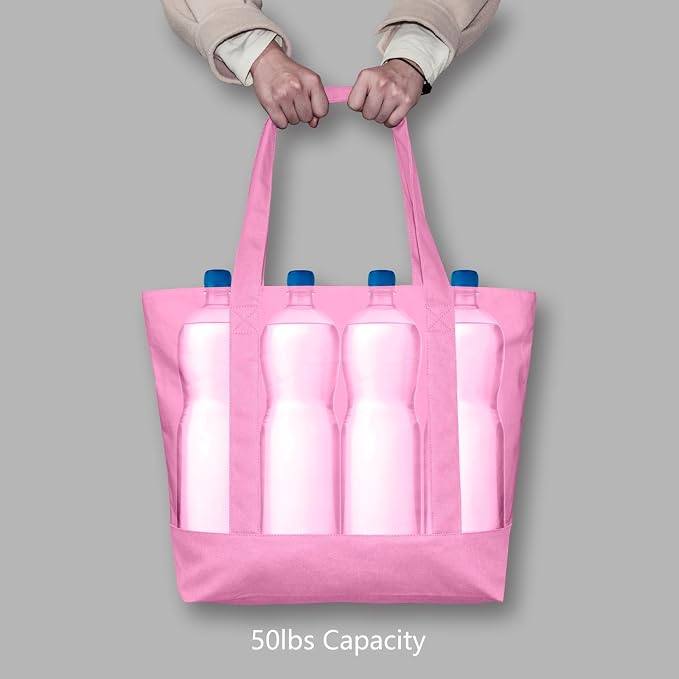TOPDesign 1-Pack Canvas Tote Bag with an External Pocket, Reusable Grocery Shopping Bag, Top Zipper Closure, Daily Essentials (Pink) - Image 6