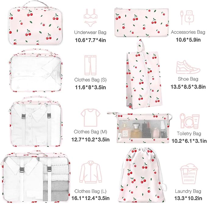 8 Set Packing Cubes for Suitcases,Packing Cube with Shoe, Cosmetics, Clothing, and Accessories Bags Packing Cubes for Travel Luggage Organizer Women Men(Cherry) - Image 2