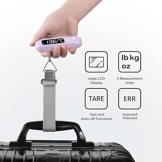 pack all Digital Luggage Scale for Travel, 110Lbs Capacity, 0.1Lb Precision | Handheld, Backlit LCD Display, Lb/Kg/Oz Conversion, Tare Function, Battery Included, Purple - Image 3