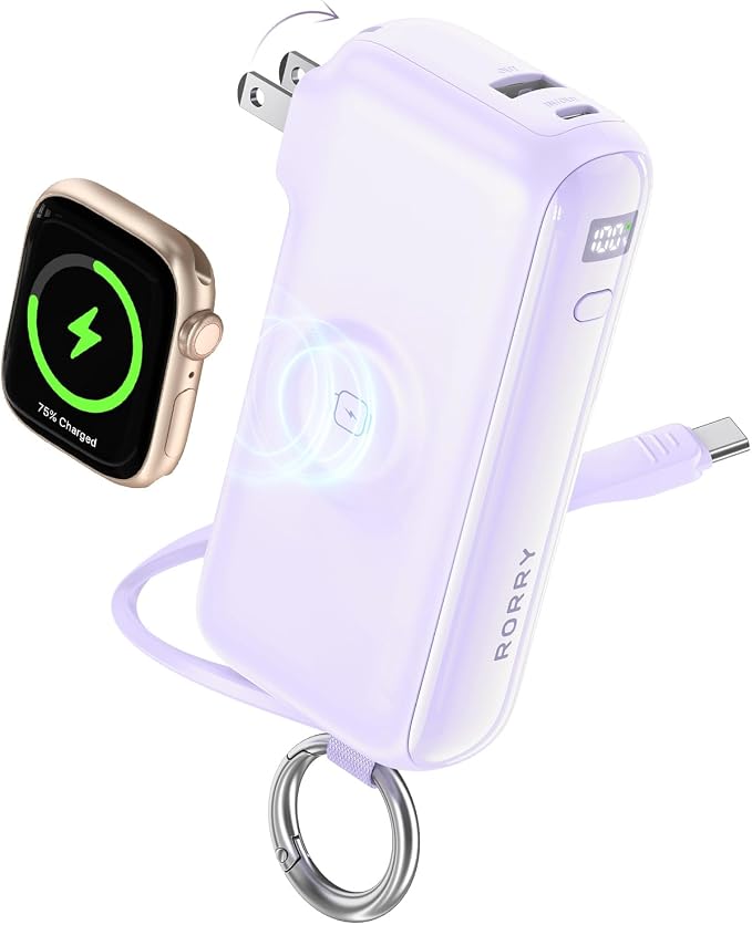RORRY Flow Portable Charger 10000mAh 40W Wall Plug Power Bank Battery Pack | Built-in USB-C Cable, Keychain Design, Fast Charging, for iPhone 17/16/15, Apple Watch, iPad, 3-in-1, Travel Essential by RORRY