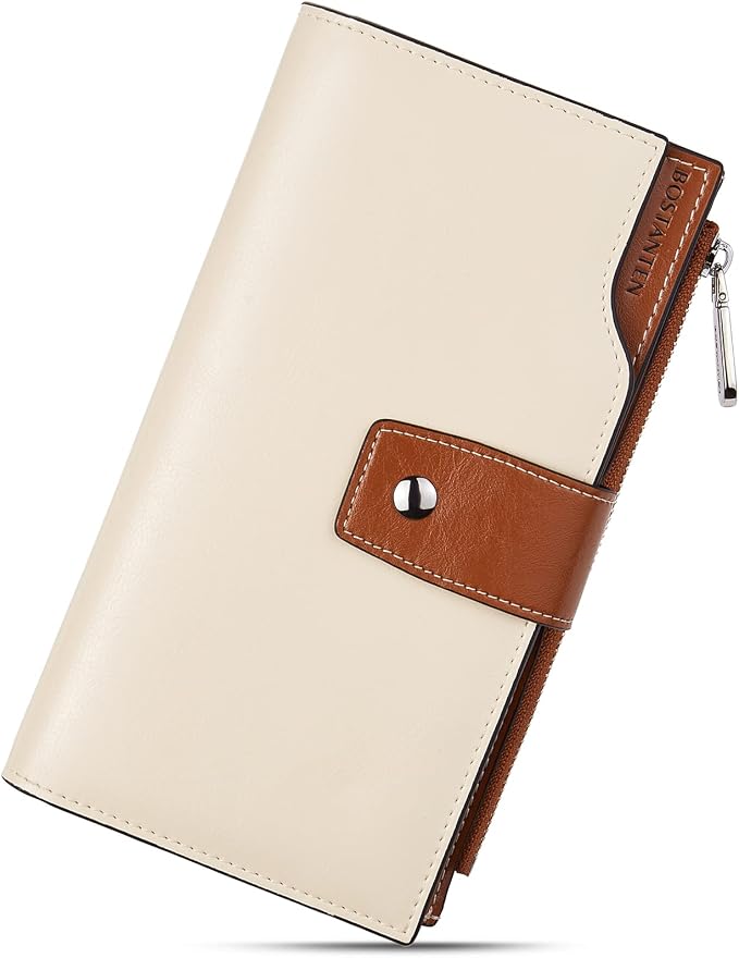 BOSTANTEN Womens Leather Wallet RFID Large Capacity Credit Card Holder | 20 Card Slots, Phone Holder, Zipper Coin Pocket, Clutch Wallet, Long Bifold, Ladies Gifts, Beige-Brown by BOSTANTEN