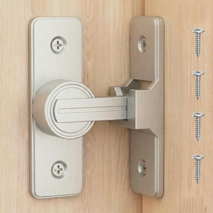 Barn Door Lock Latch - 90-Degree Lock, Heavy Duty Zinc Alloy Security Door Lock for Bathroom, Garage, Bedroom, Cabinet - Nickel by RETRIN